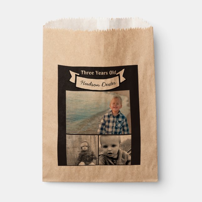 Your Photo Collage Rustic Banner Three Years Old Favour Bags (Front)