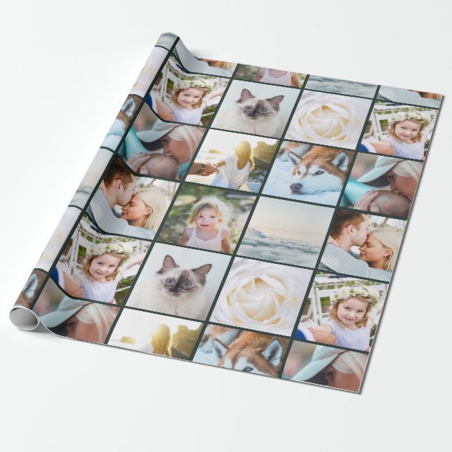 Your Photo Custom Grid Collage Dark Green Wrapping Paper (Unrolled)