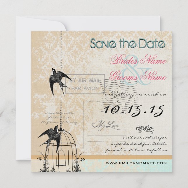 Your Photo Damask Bird Cage Wedding Save the Date (Front)