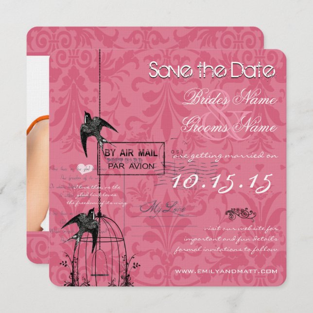 Your Photo Damask Bird Cage Wedding Save the Date Invitation (Front/Back)