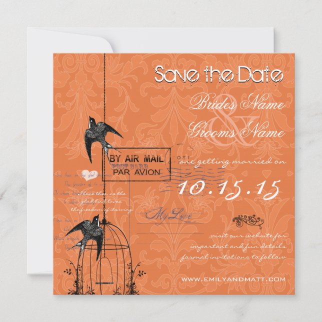 Your Photo Damask Bird Cage Wedding Save the Date Invitation (Front)