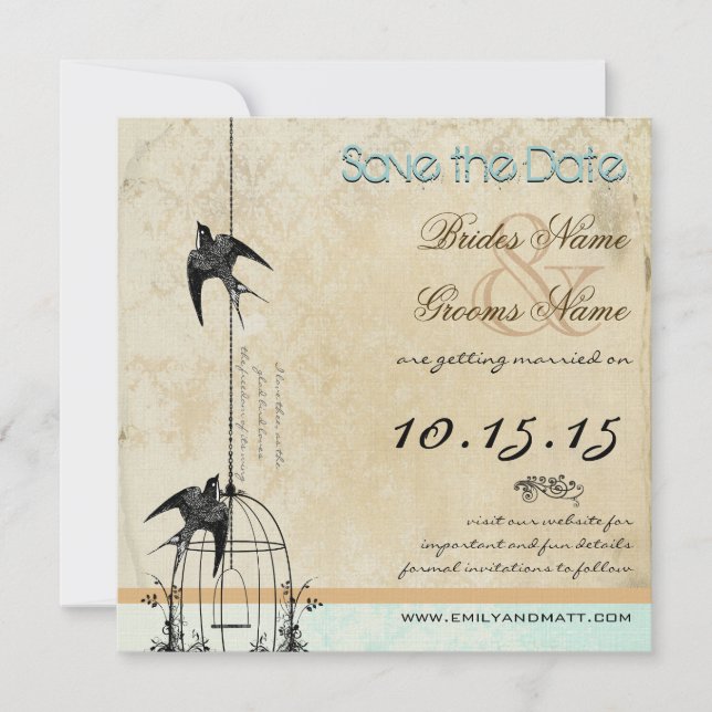 Your Photo Damask Bird Cage Wedding Save the Date Invitation (Front)