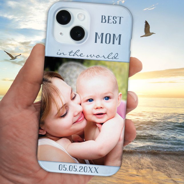 Your Photo Dusty Blue Best Mum Phone Case (Phone case featuring your photo on a pretty pale blue design. Beautiful for Mother's Day)