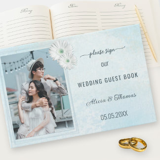 Your Photo Dusty Blue Floral Design Wedding Guest  Book