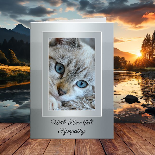 Your Photo Elegant Gray Striped Cat Sympathy Card (An elegant gray striped sympathy card for a cat (or other pet) featuring your own cat photo)