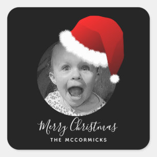 Your Photo Funny Christmas Santa Hat Family Name Square Sticker