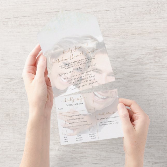 Your Photo Geometric Abstract Gold Frame All In On One Invitation (Tearaway)