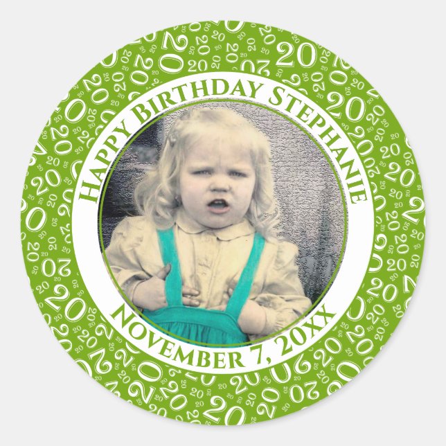 Your Photo Green/White 20 Random Number Pattern  Classic Round Sticker (Front)
