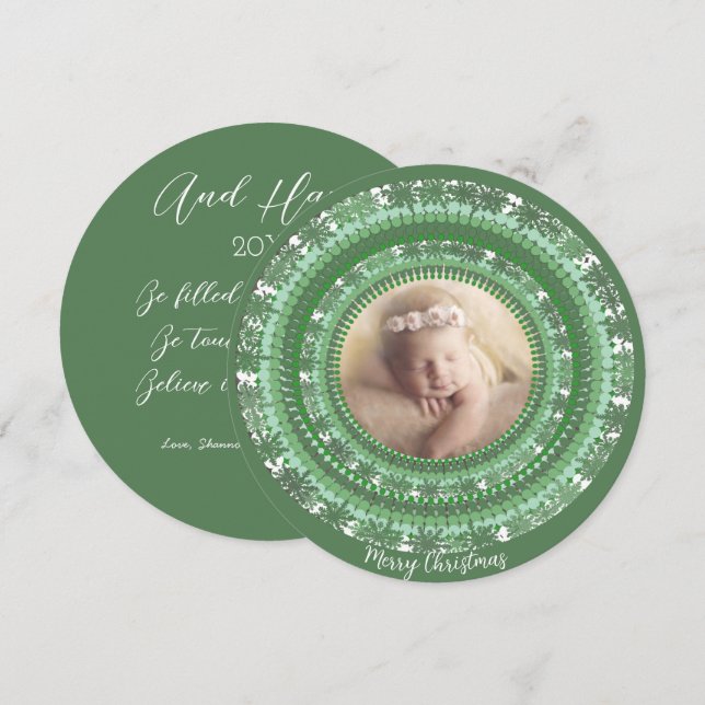 Your Photo Grey and Green Joy Merry Christmas Holiday Card (Front/Back)