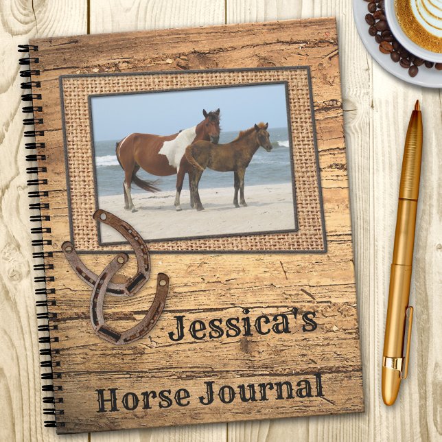 Your Photo Horse Spiral Notebook ( notebook featuring your own photo of your favorite horse(s) (optional) on a rustic wood background )