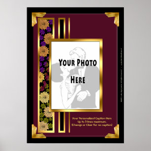 Your Photo in a Burgundy Art Deco Faux Frame Poster