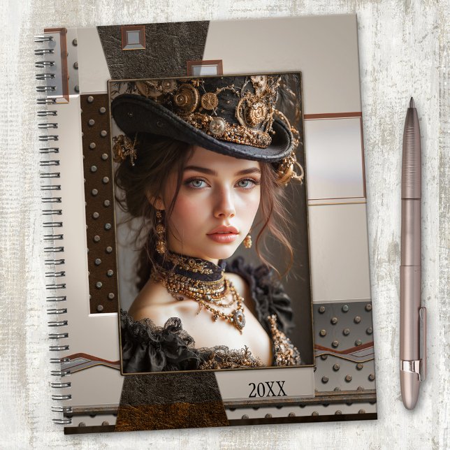 Your Photo Industrial Metallic Steampunk Planner (Elegant planner featuring your custom photo framed by a steampunk artistic industrial design)