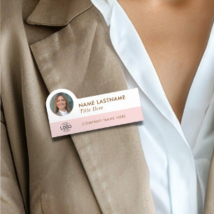 Your Photo Logo Title Girly Blush Pink White Name Tag