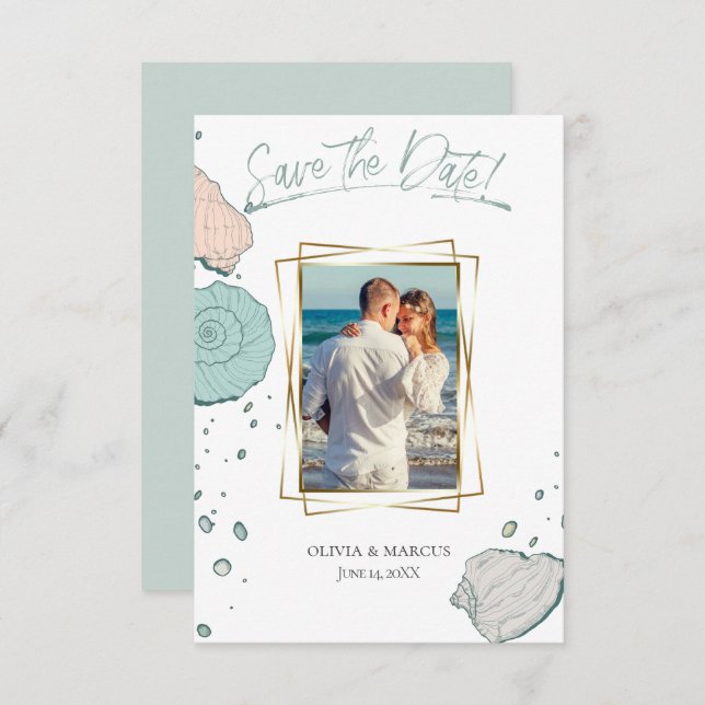 Your Photo Modern Seashells Coral and Teal Invitation (Front/Back)