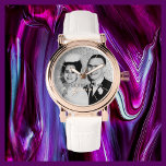 Your Photo Name Rose Gold Women's White Band Wrist Watch<br><div class="desc">This elegant glam rose gold women's wrist watch is decorated with a white band and personalised with your name and your photo . You can easily change the name and delete the number tick marks if desired. What a wonderful modern stylish gift for a bridesmaid, maid of honour, bridal party,...</div>