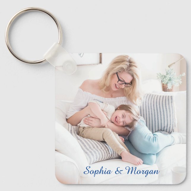 Your Photo & Name(s) in Blue Script Keychain (Front)