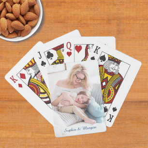 Your Photo & Name(s) in Blue Script Playing Cards