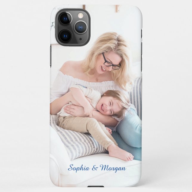 Your Photo & Name(s) or Message in Blue Script iPhone Case (Back)