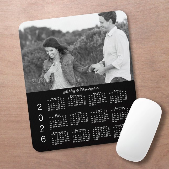 Your Photo Names Personalised Black 2026 Calendar Mouse Pad (Your Photo Names Personalized Black 2026 Calendar Mouse Pad, in situ)