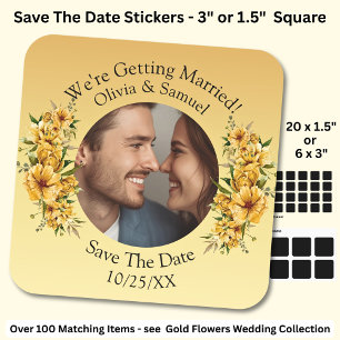 Your Photo & Names, Save The Date, Golden Yellow Square Sticker