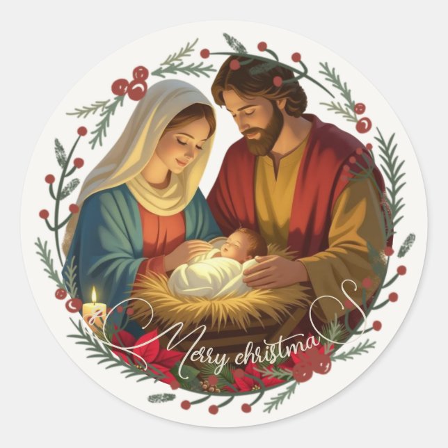 Your Photo Nativity Scene Baby Jesus in the Manger Classic Round Sticker (Front)