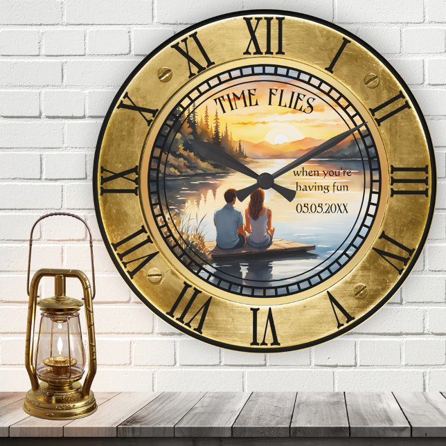 Your Photo Nautical Round Clock (Nautical wall clock featuring your custom photo framed by a vintage ship window and roman numerals)