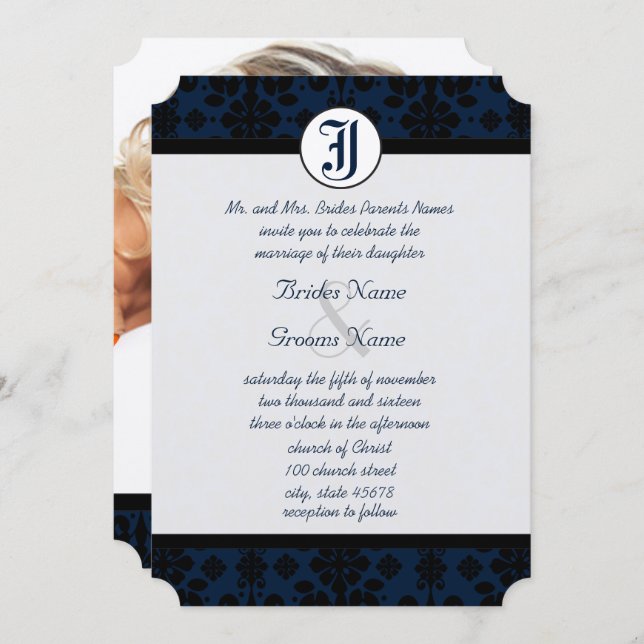 Your Photo Navy & Black Damask Wedding Invitation (Front/Back)