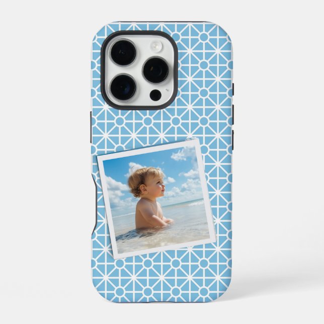 Your Photo on Pretty Blue and White Pattern iPhone Case (Back)