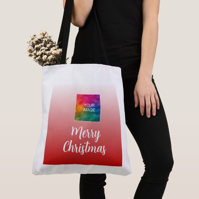Your Photo or Logo Merry Christmas Large Shoulder Tote Bag (Close Up)