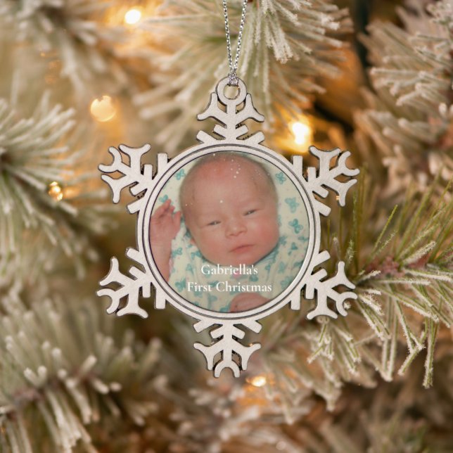 Your Photo Personalised Baby First Christmas Snowflake Pewter Christmas Ornament (Tree)