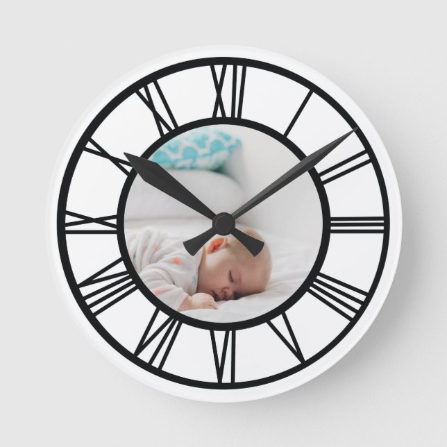 Your Photo Personalized Roman Numerals Round Clock (Front)