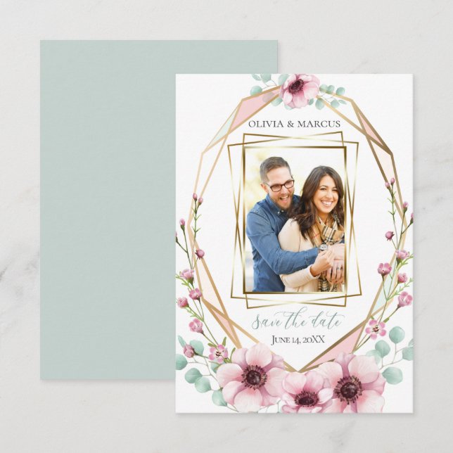 Your Photo Pink Anemone Flowers Eucalyptus Invitation (Front/Back)