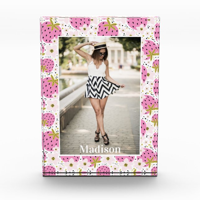 YOUR PHOTO Pink Strawberries Custom Name Block (Front)