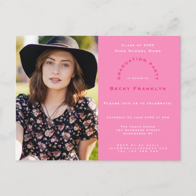 Your Photo/Pink/Typography/Graduation Party Invitation Postcard (Front)