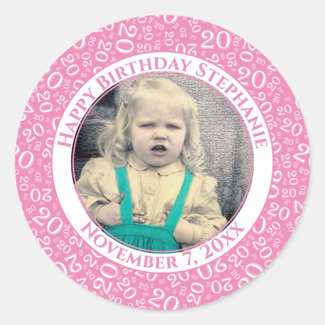 Your Photo Pink/White 20 Random Number Pattern  Classic Round Sticker (Front)