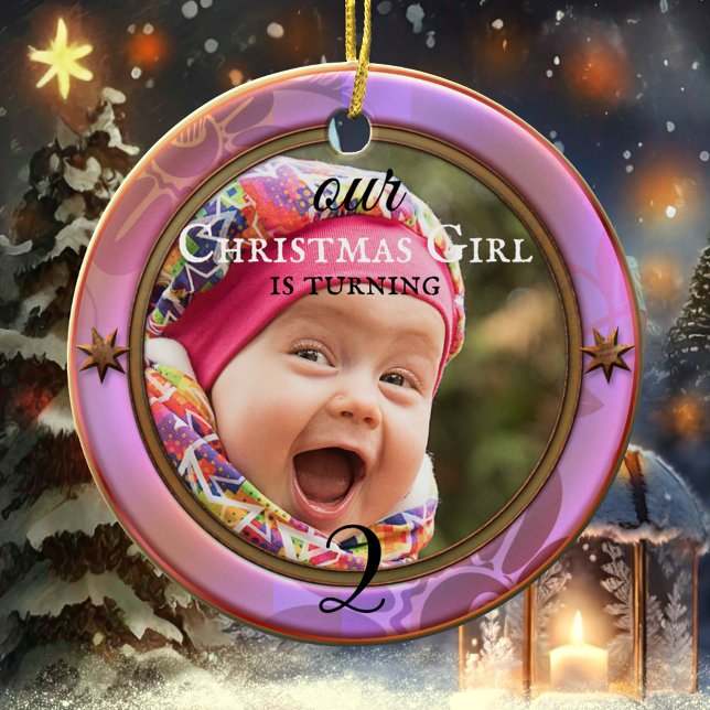 Your Photo Purple Girly Birthday Christmas Ceramic Tree Decoration (Christmas child birthday girl festive holiday photo ornament)