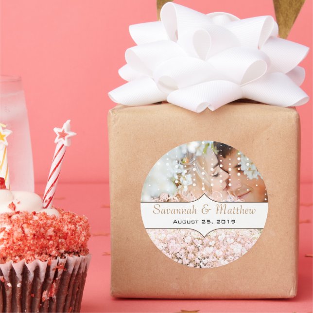 Your Photo Romantic HeartLeaf Rose Gold Pink Tree Classic Round Sticker (Party)