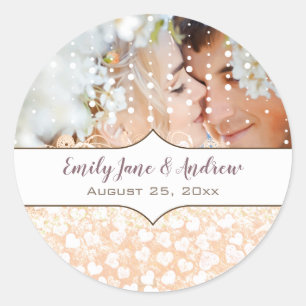 Your Photo Romantic HeartLeaf Rose Gold Pink Tree Classic Round Sticker