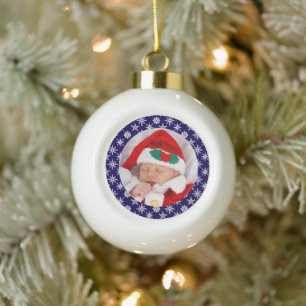 Your Photo Santa Baby Blue Background Snowflakes Ceramic Ball Christmas Ornament