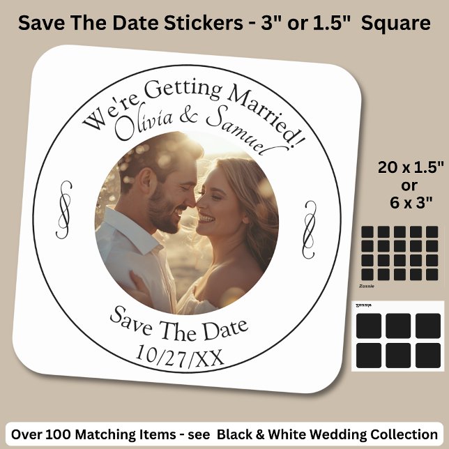 Your Photo, Save The Date, Black & White Infinity Square Sticker (Creator Uploaded)