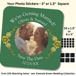 Your Photo, Save The Date, Emerald Green & Gold Square Sticker