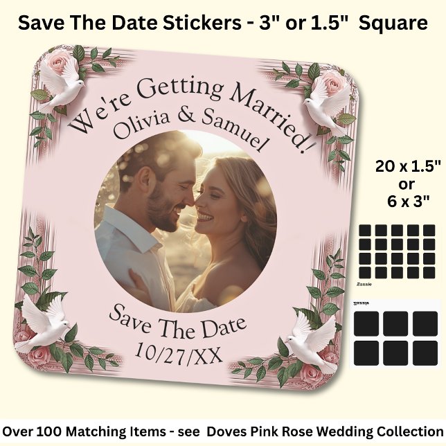 Your Photo, Save The Date, Pink Roses & Doves Square Sticker (Creator Uploaded)