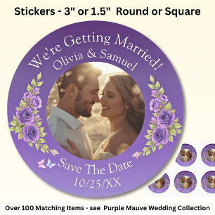 Your Photo, Save The Date, Purple Mauve Flowers Classic Round Sticker