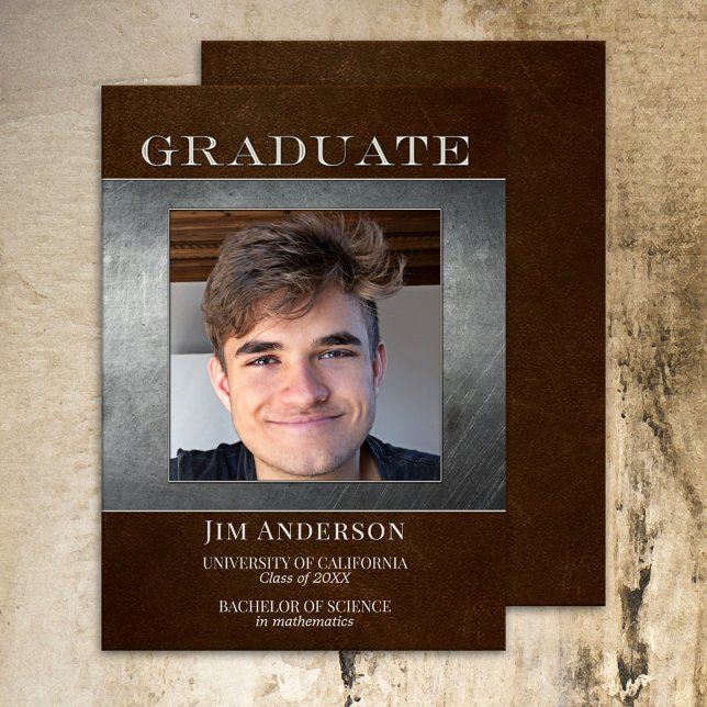 Your Photo Silver Metal Faux Leather Graduation Announcement (Creator Uploaded)
