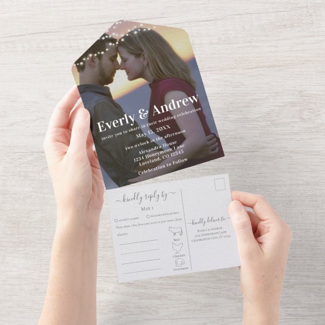 Your Photo Simple Modern String Lights Wedding All All In One Invitation (Tearaway)
