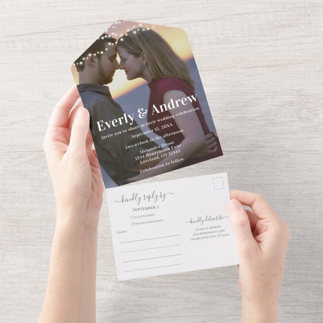 Your Photo Simple Modern String Lights Wedding All In One Invitation (Tearaway)