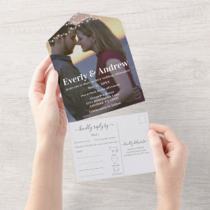 Your Photo Simple Modern String Lights Wedding All In One Invitation