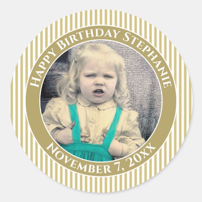 Your Photo Simple Stripes Pattern Gold/White Classic Round Sticker (Front)