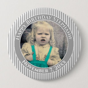 Your Photo Simple Stripes Pattern Grey/White 10 Cm Round Badge