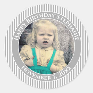 Your Photo Simple Stripes Pattern Grey/White Classic Round Sticker